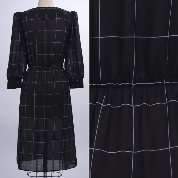 80s B&W Windowpane Print Chiffon Dress - Picture 3 of 5